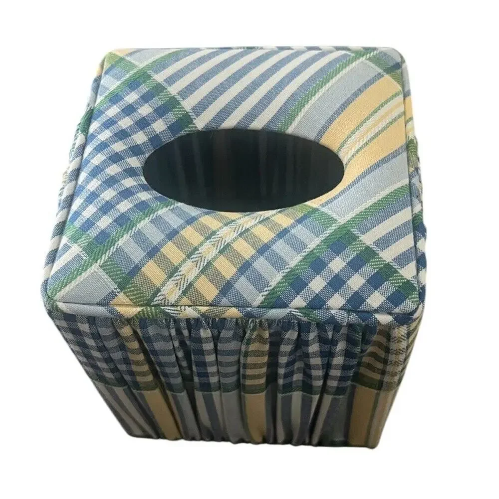 Vintage Tissue Box Cover Blue and Yellow Fabric Gingham Print EUC Waverly??